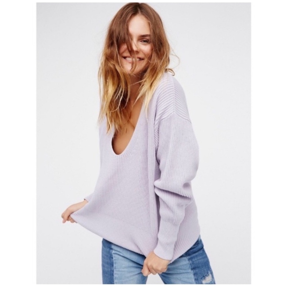 Free People V-Neck Sweater Size XS Lavender Cotton Ribbed Dolman Sleeve